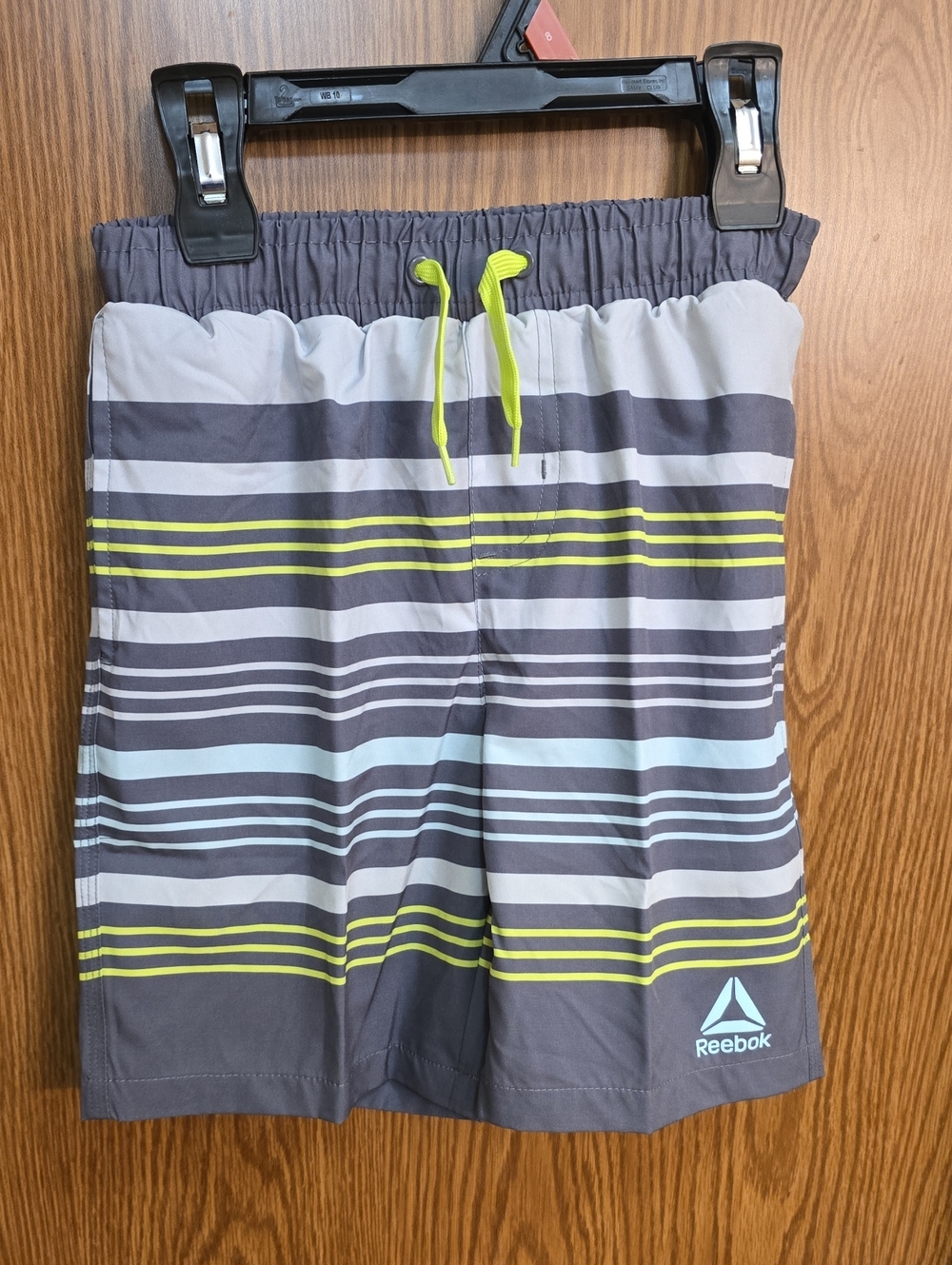 Reebok Gray Swim Shorts with Neon Yellow & Light Blue Stripes